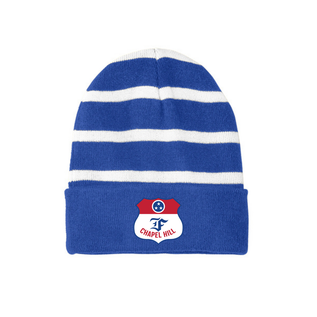 Sport Tek Striped Beanie with Forrest Shield Logo | Forrest Softball Parent Shop