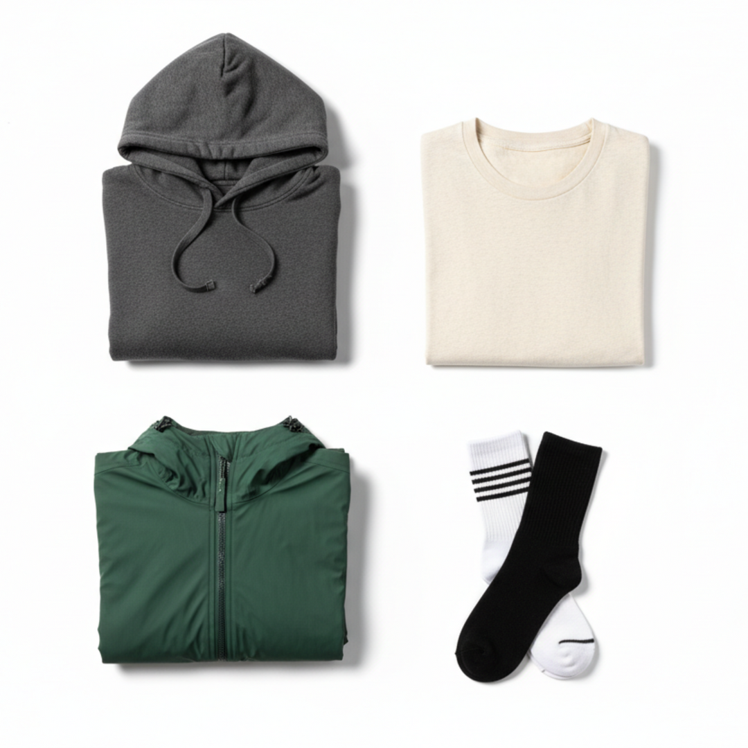 square image with white background of a hoodie, t-shirt, rain jacket, pair of socks